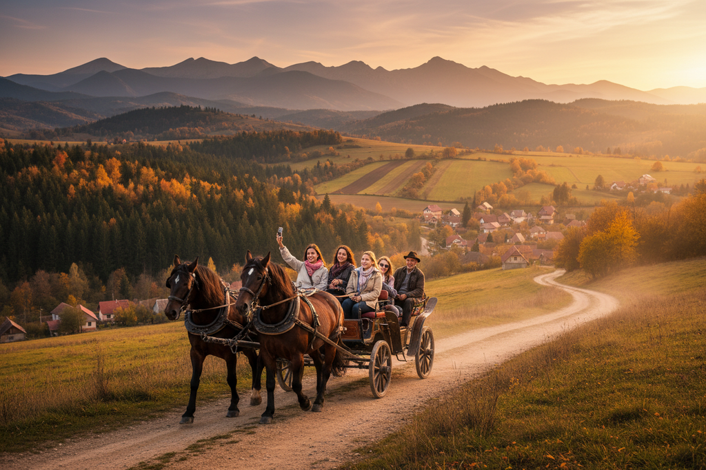 Horse-drawn carriage Transylvanian countryside